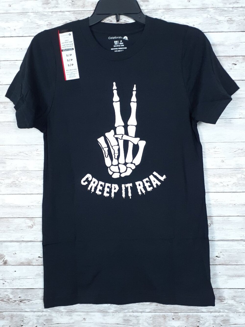 Halloween Adult Crew Neck T-Shirt S Tee Creep It Real Skeleton Black 987A